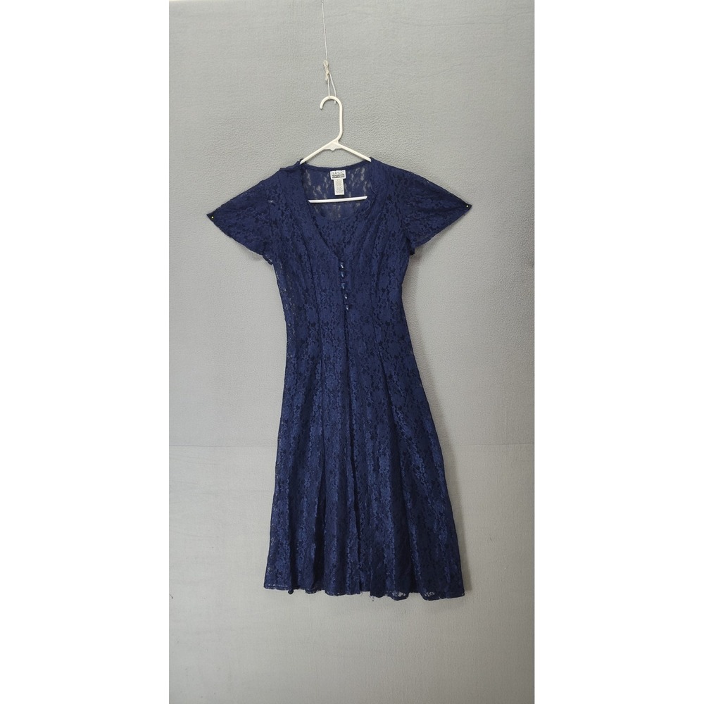 Basic Editions Womens Maxi Dress 5/6 Navy Blue Lace V Neck Short Sleeve Casual